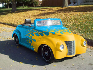 Blue 39 Roadster with Yellow Flames golf cart maintenance, cabo san lucas golf cart service